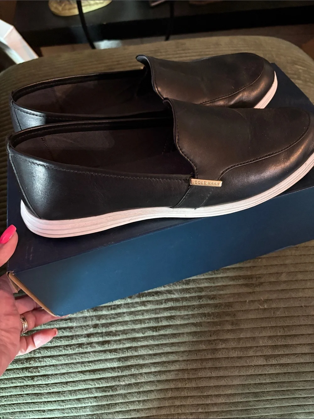 Cole Haan Black Leather Slip-On Loafers with White Sole